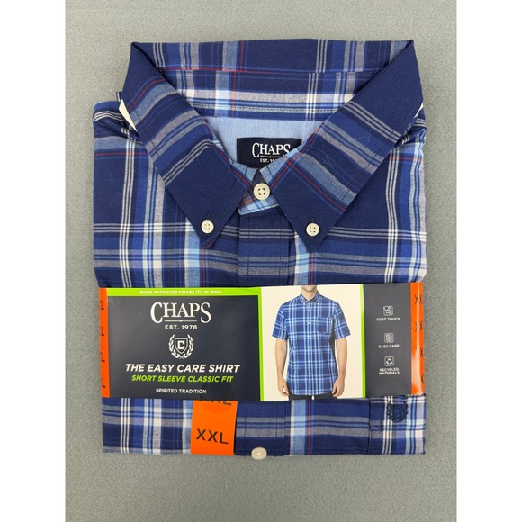 Chaps Other - Chaps Easy Care Shirt Mens XXL Blue Plaid Short Sleeve Classic Fit Button Down